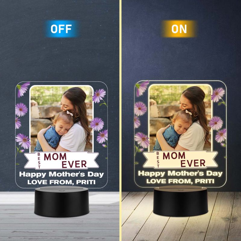 Personalized Mother’s Day LED Night Light Photo Frame | Best Mom Ever Quote Engraved Lamp Unique Birthday or Mothers Day Gift for Mom from Daughter or Son | Warm White Light